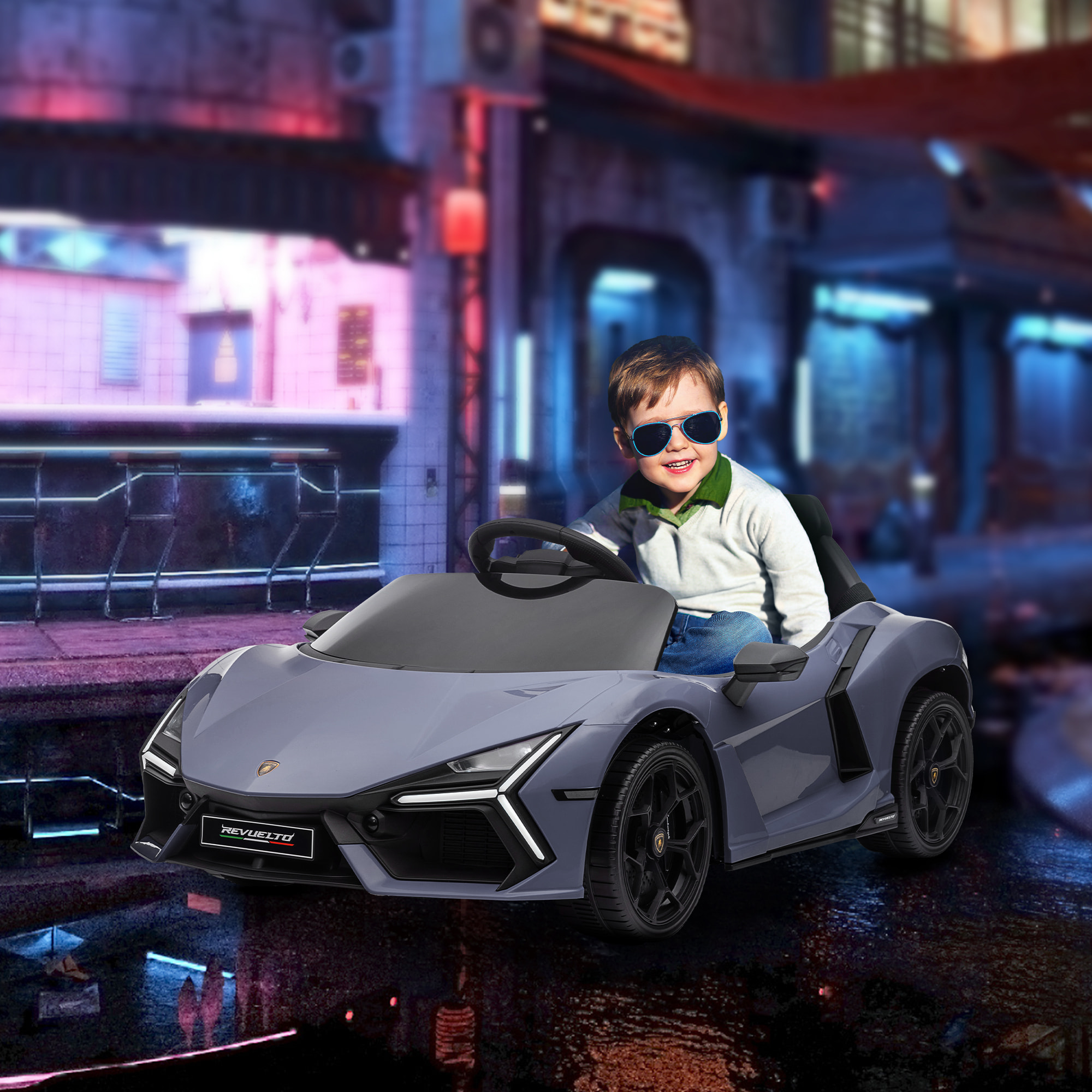 Coche Eléctrico para Niños de +3 Años Lamborghini Revuelto Carro Eléctrico Infantil con Batería 12V Mando a Distancia Faros LED Bocina Música y Ruedas Auxiliares Gris