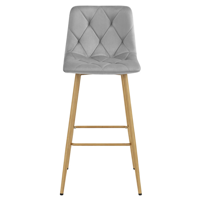 Sgabello alto NADO in velluto grigio chiaro e gambe effetto rovere