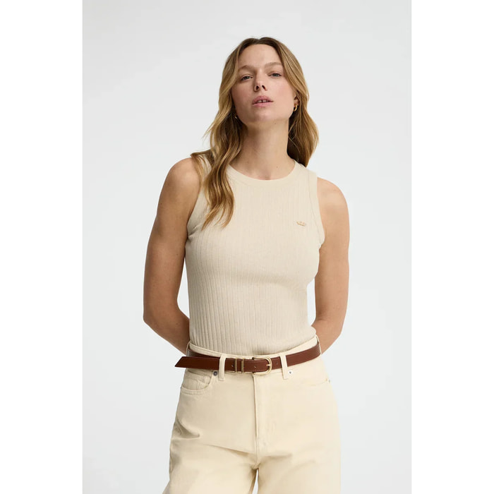 Camiseta sin mangas beige de canalé con logo Polo Club