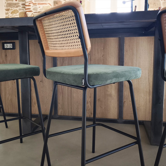 Lot de 2 tabourets de bar en cannage et velours côtelé - MUSE