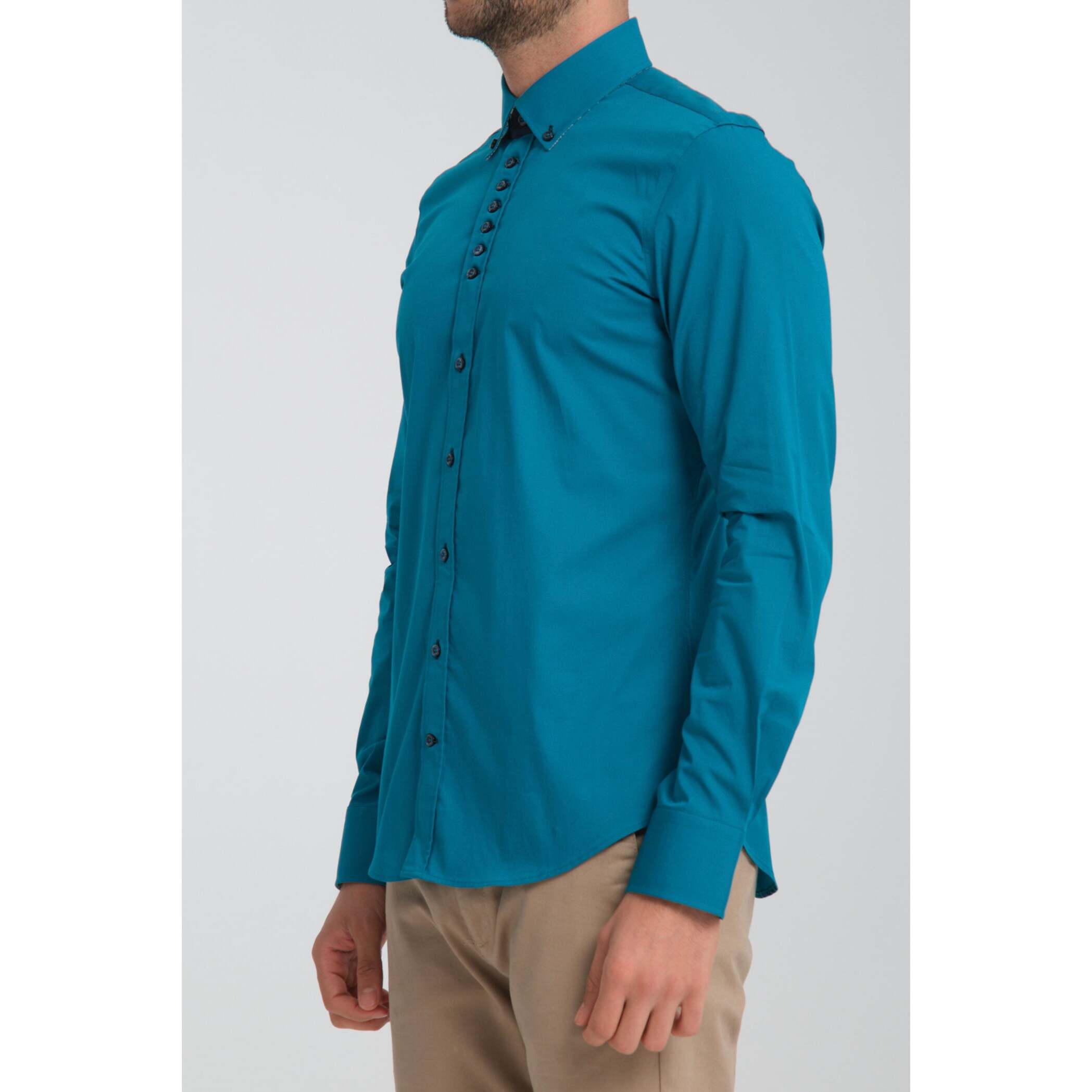 Camicia Uomo 1 Bottoni Button Down Slim Popeline Stretch Unito Verde Ottanio