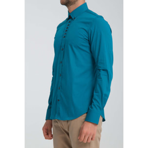 Camicia Uomo 1 Bottoni Button Down Slim Popeline Stretch Unito Verde Ottanio