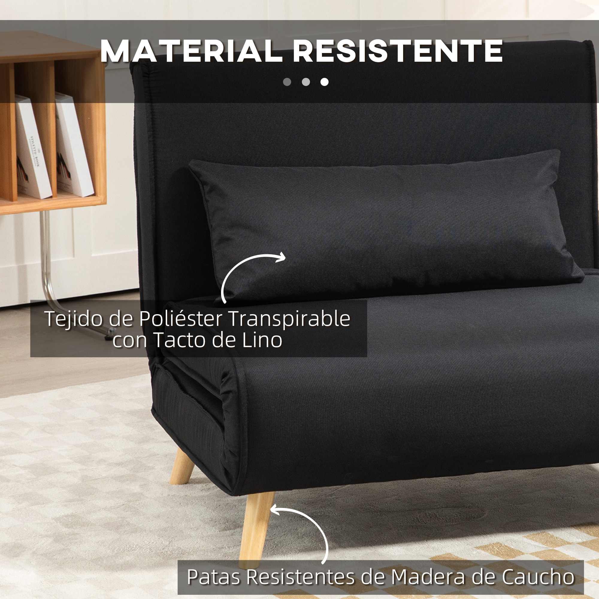 Sofá Cama Individual 3 en 1, Sillón Cama Plegable con Respaldo Ajustable en 6 Posiciones, Asiento Amplio, Almohada Acolchada, Patas de Madera, Carga 350 kg, 94x78x80 cm, Negro