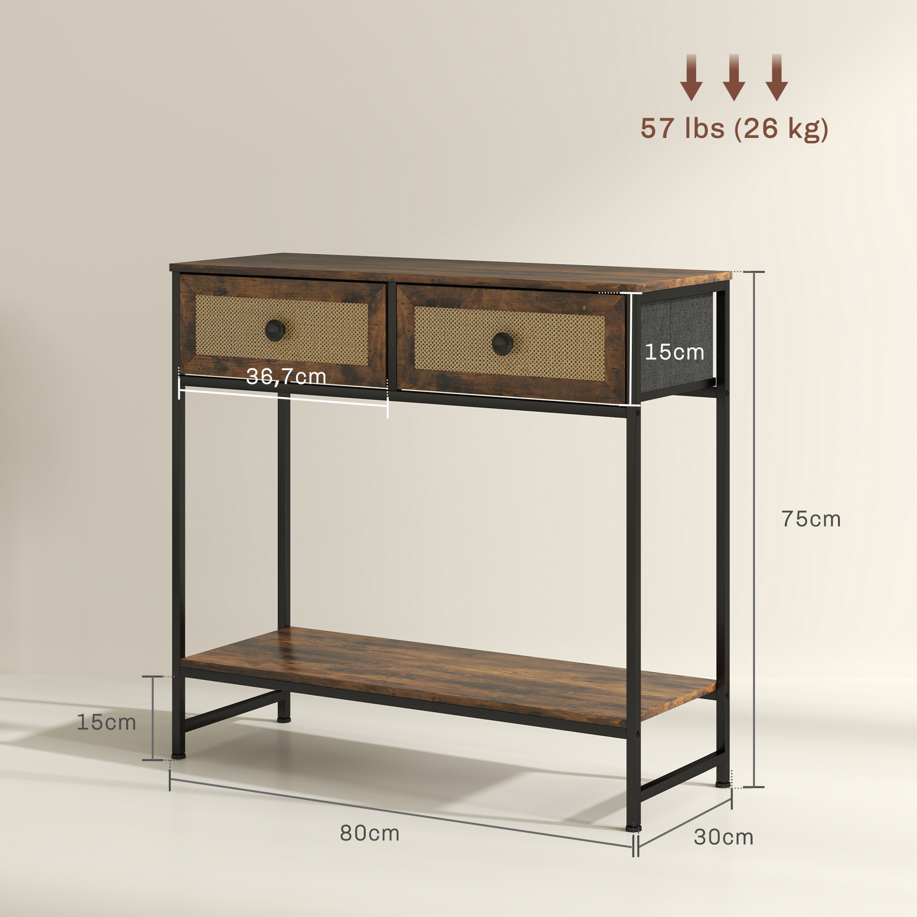 Mesa Consola Mueble para Recibidor con Estante Abierto y 2 Cajones Frontales de Ratán Consola para Recibidor Entrada Pasillo 80x30x75 cm Marrón Rústico