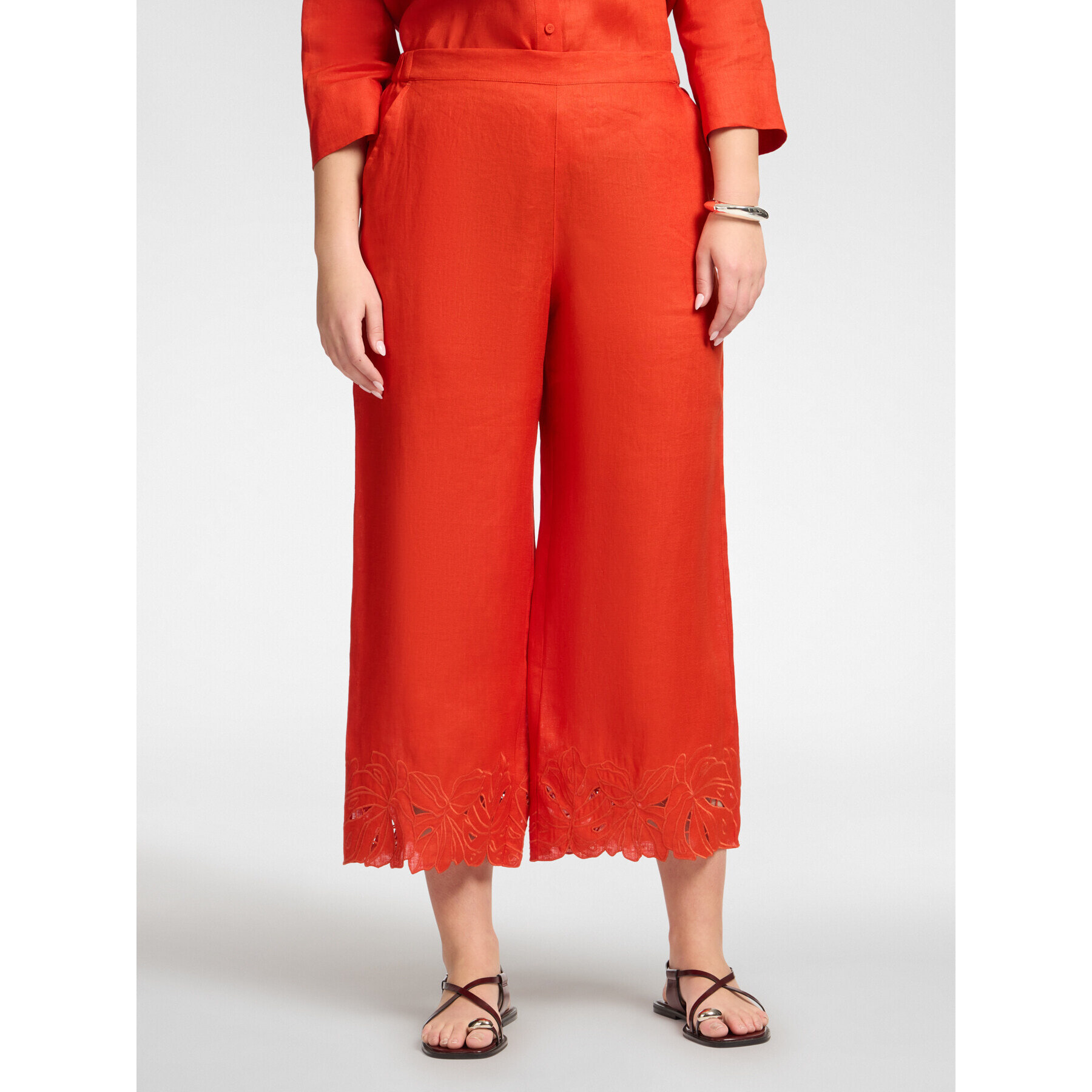 Elena Mirò - Pantalones de lino con bordes bordados - Naranja sol