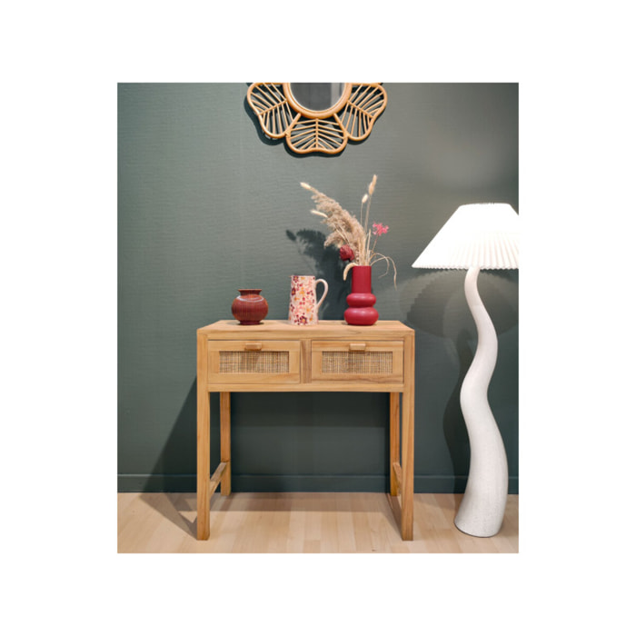 Console L. 80 cm en bois de teck massif et rotin 2 tiroirs façades - LINA
