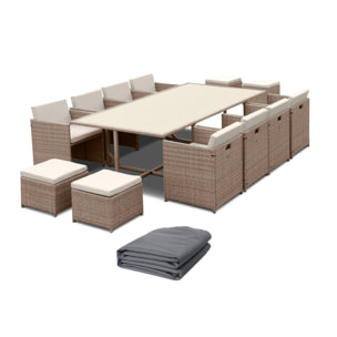 Table de jardin encastrable résine tressée + 12 assises beige. coussins beige. table encastrable + Housse de protection gris foncé polyester