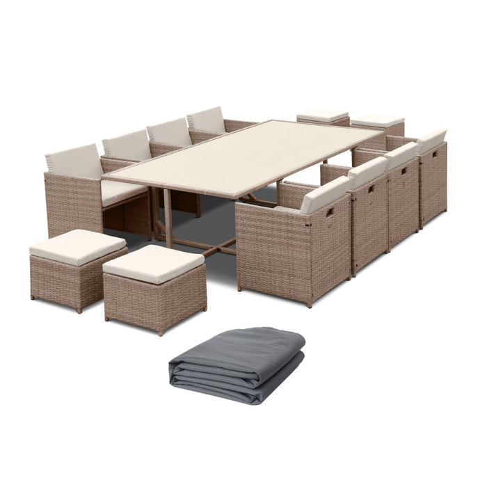 Table de jardin encastrable résine tressée + 12 assises beige. coussins beige. table encastrable + Housse de protection gris foncé polyester