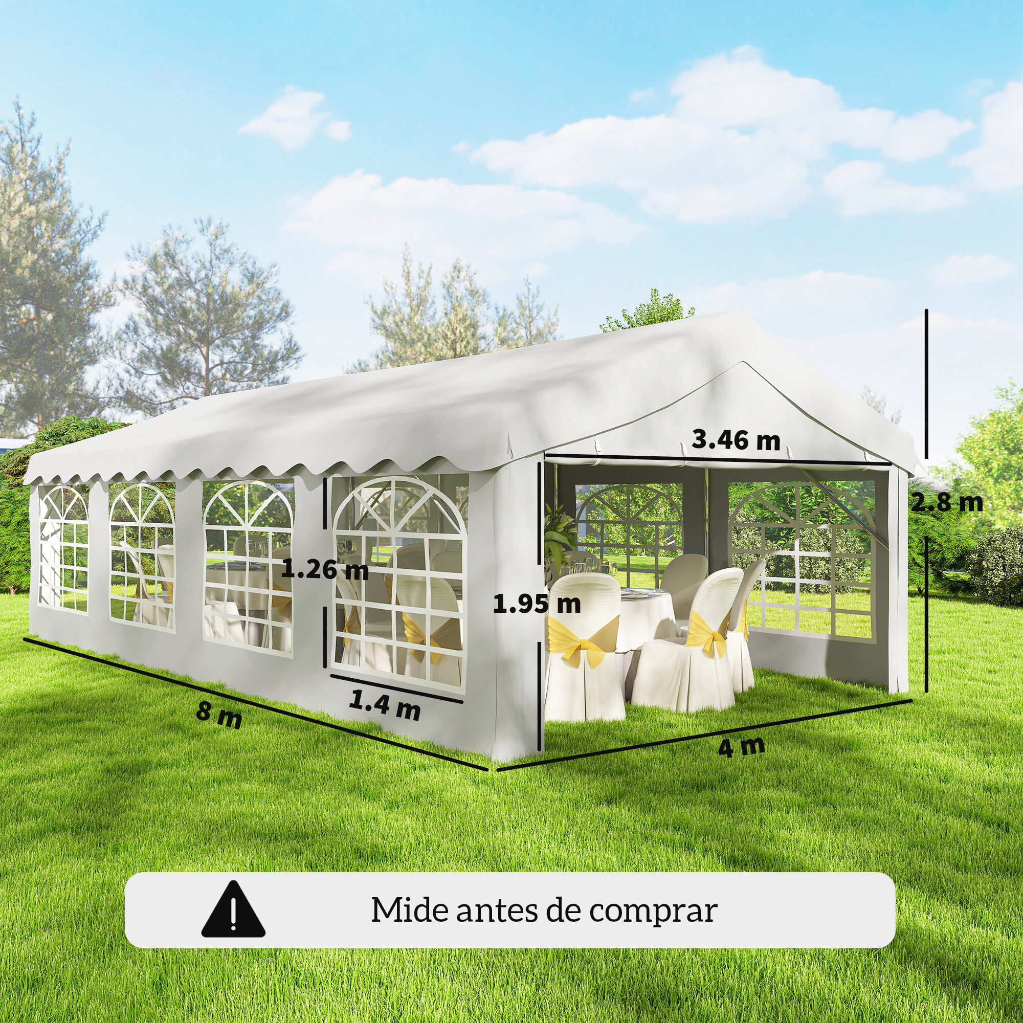Carpa para Fiesta 4x8 m, Carpa de Jardín con Estructura de Acero Galvanizado, Paredes Laterales Extraíbles, Puerta con Cremallera y Ventanas, UPF50+, Cenador Gazabo para Boda, Eventos, Blanco