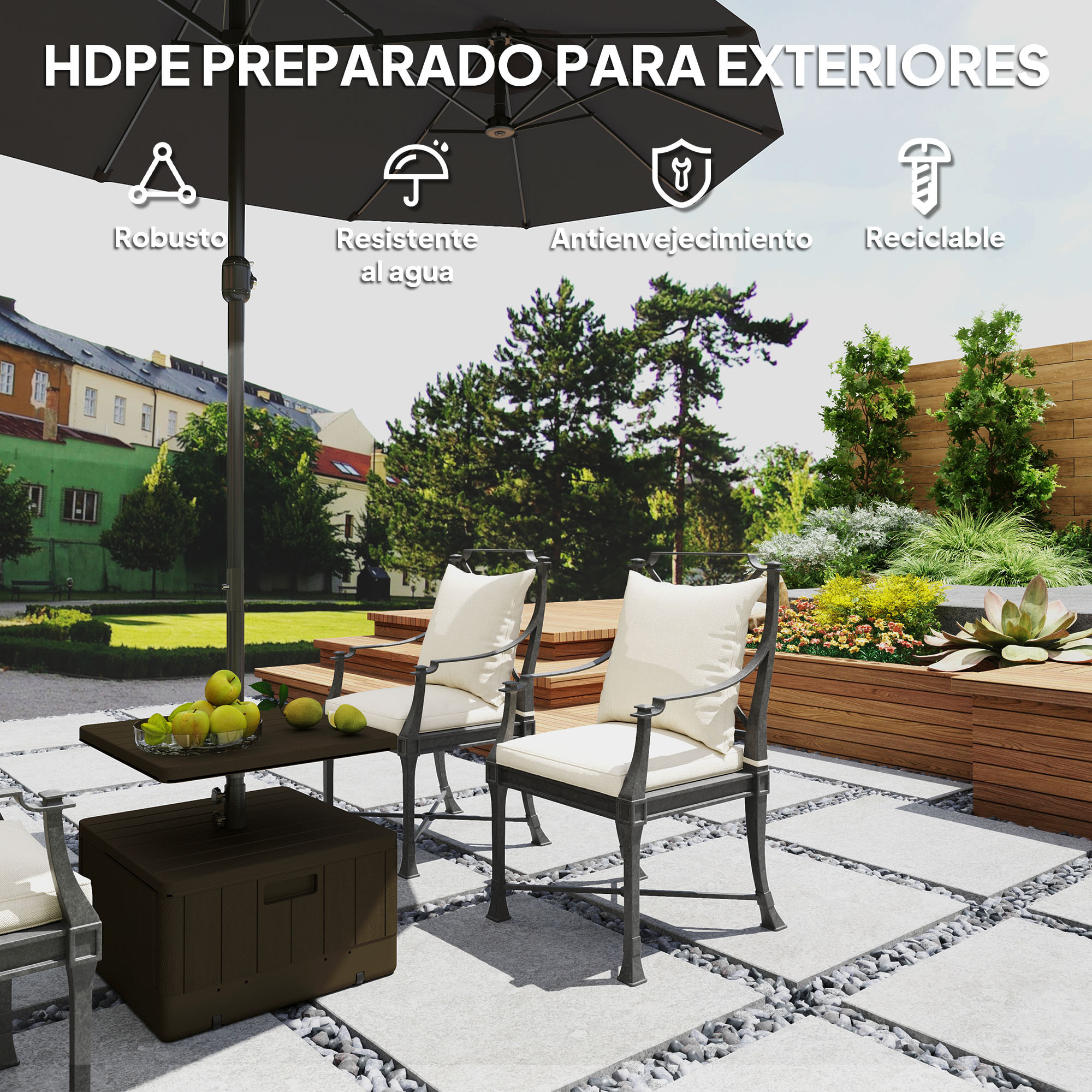 Base para Sombrilla Exterior 3 en 1, Mesa Auxiliar Ajustable, Macetero con Orificio de Drenaje, Soporte de Parasol Rellenable Arena 80 kg con Ruedas y Asas, para Postes Ø38 y Ø48 mm, Negro