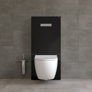 Pack WC Bâti support en verre trempé/aluminium brossé avec plaque intégrée, Noir + WC sans bride Sento + Abattant softclose