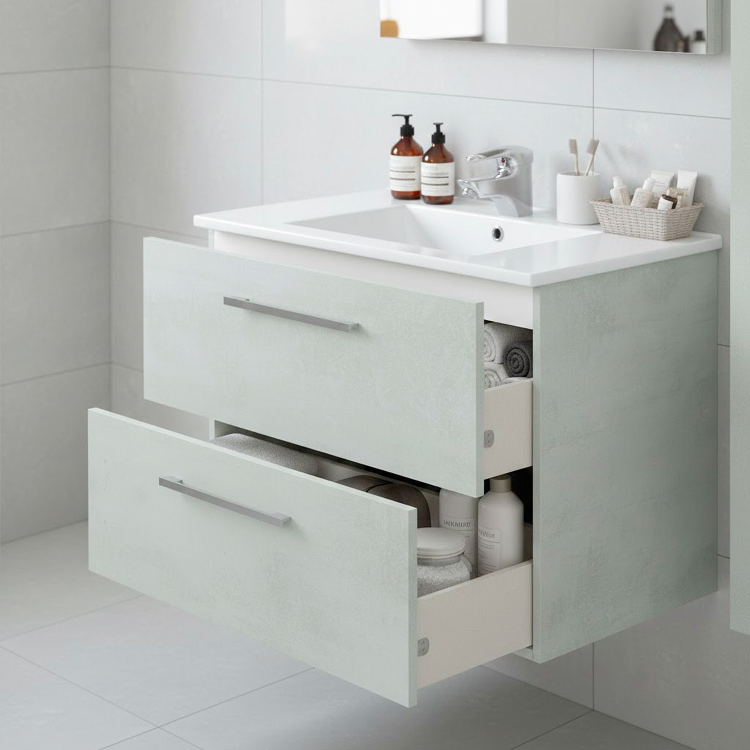 Mobile Mobiletto Bagno Sospeso Con 2 Cassettoni Soft Close Con Lavandino In Ceramica Specchio E Led Da 45 Cm  57 x 80 x 45 Cm Colore Cemento Laccato