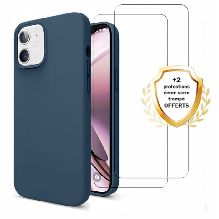 Coque iPhone 11 Silicone liquide Bleu Marine + 2 Vitres en Verre trempé Protection écran Antichocs