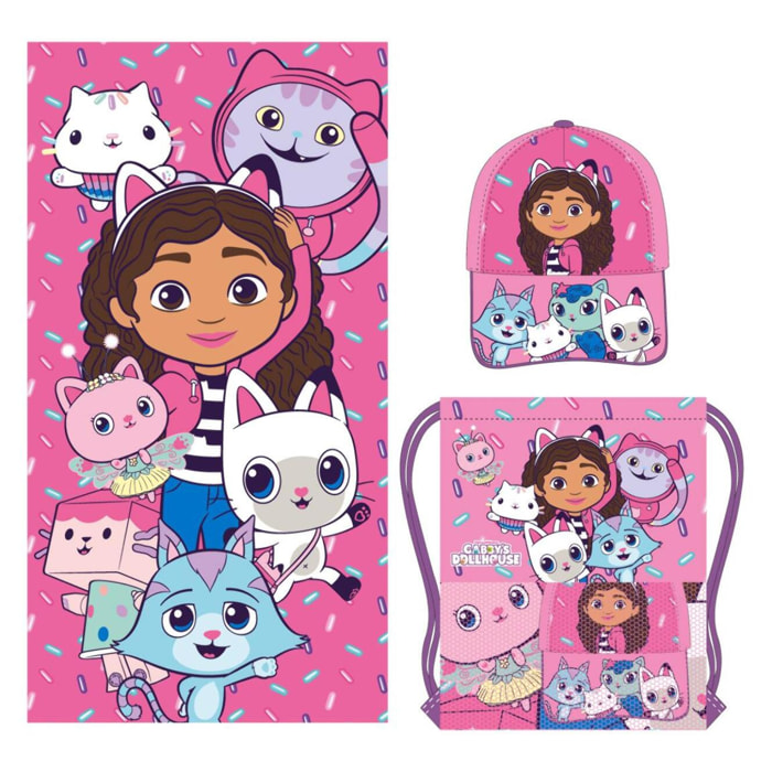 Set de Gabby´s Dollhouse con Gorra, Toalla de baño y Bolsa de Almacenamiento para pequeños Fans - 27x33x7- Multicolor