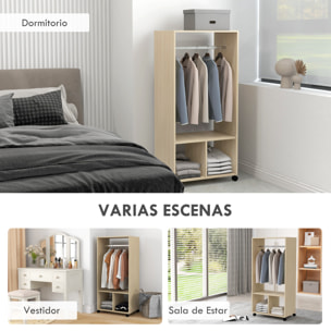 Armario Ropero con Ruedas Armario para Ropa con Barra Estantes Abiertos Organizador para Colgar Ropa de Dormitorio 60x40x128 cm Natural