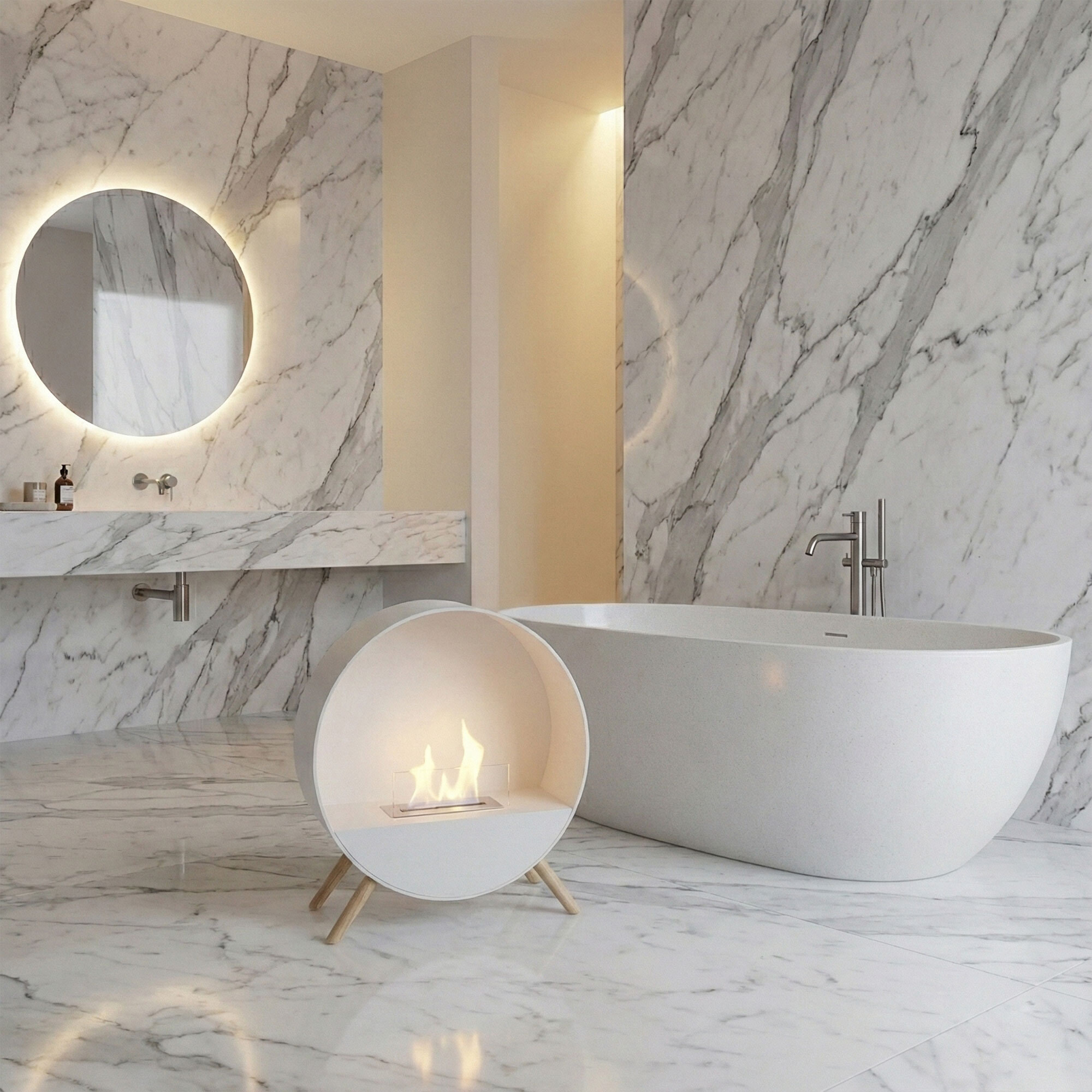 Venere - Camino a Bioetanolo da Pavimento 60x72x30 cm con Bruciatore 1 Litro e Piedi in Legno di Pino Bianco