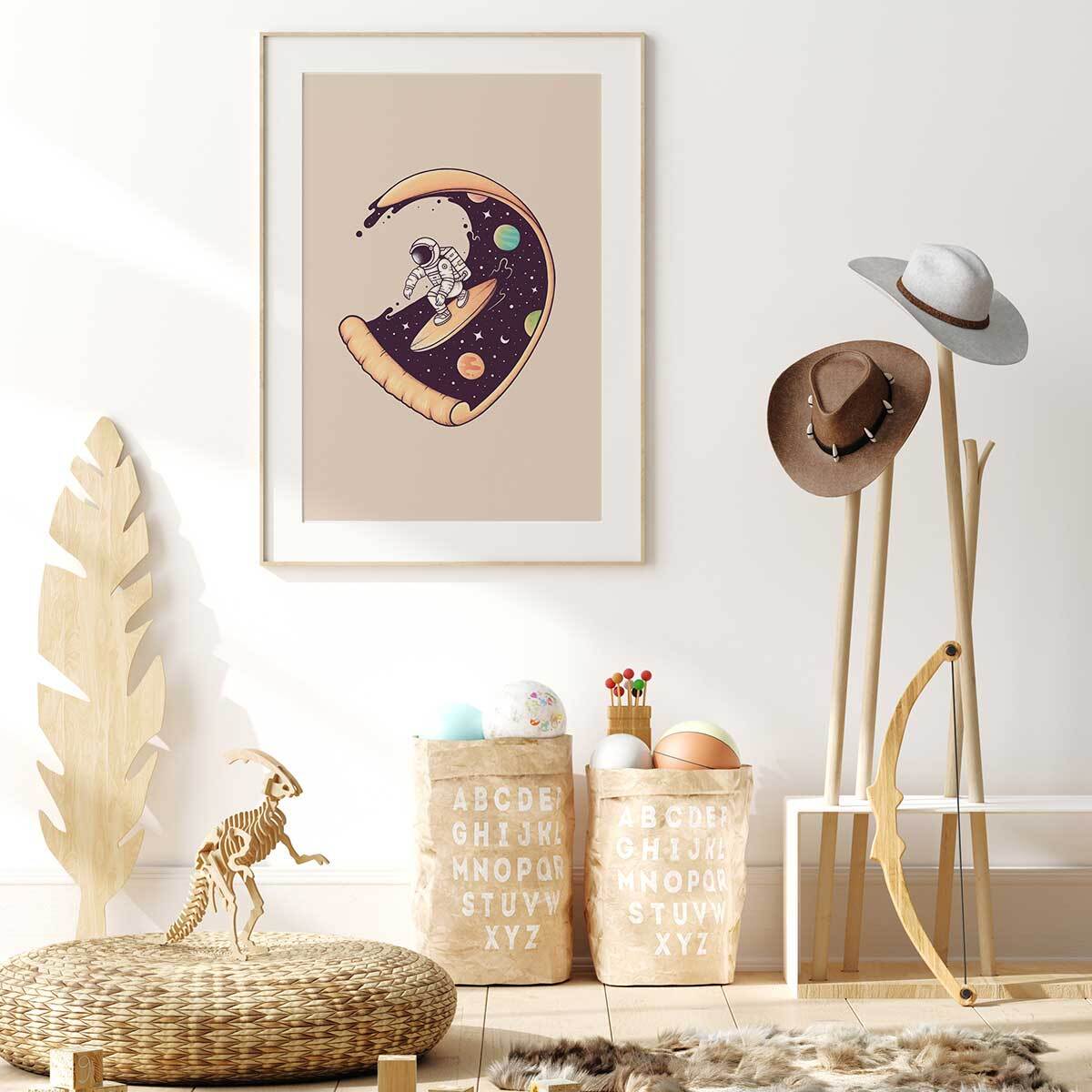Affiche enfant surf en cosmos  Affiche + cadre en bois - Chêne