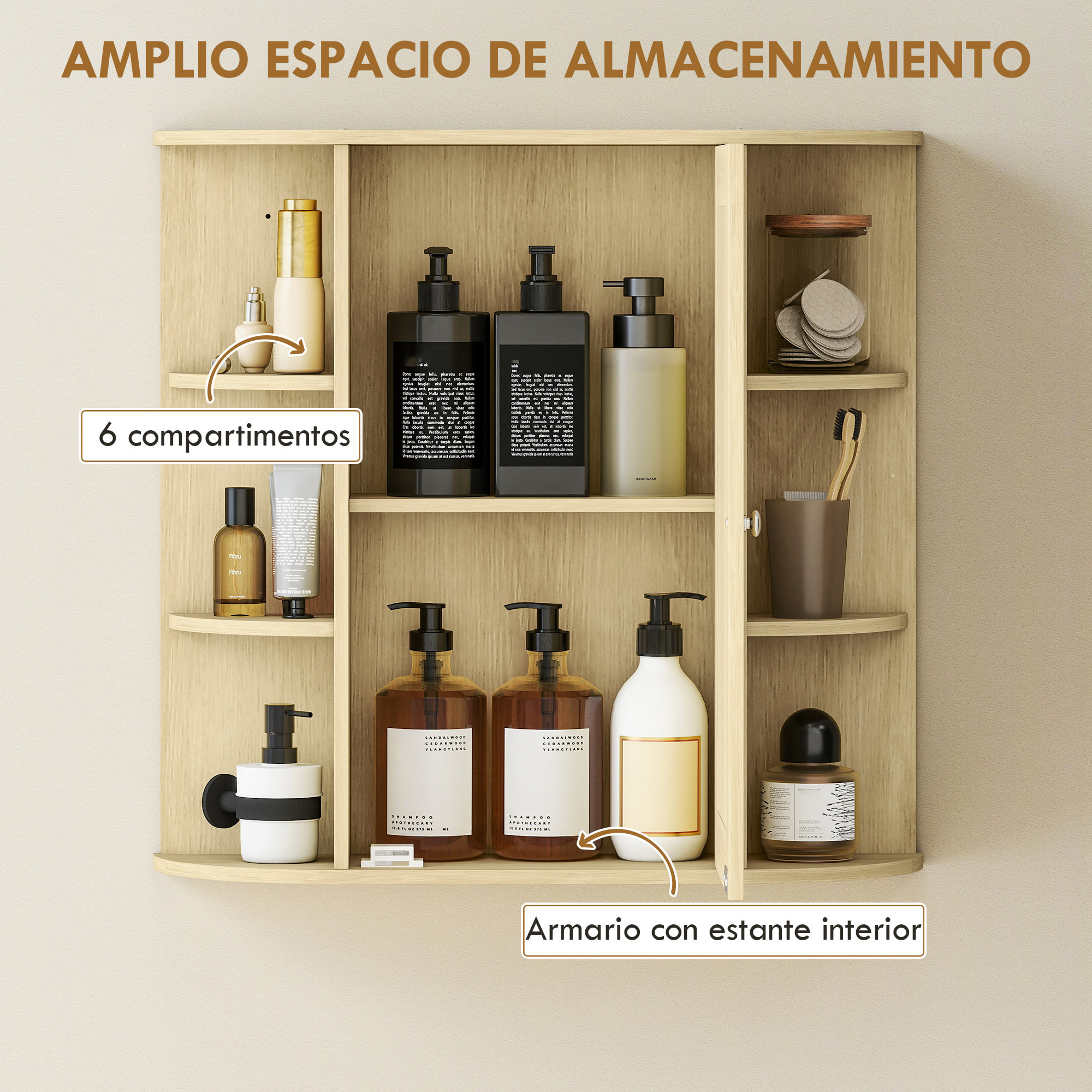 Armario de Baño con Espejo, Armario de Pared con Puerta, Estantes Abiertos, Mueble de Baño Colgar para Cocina, Salón, 66x17x63 cm, Natural