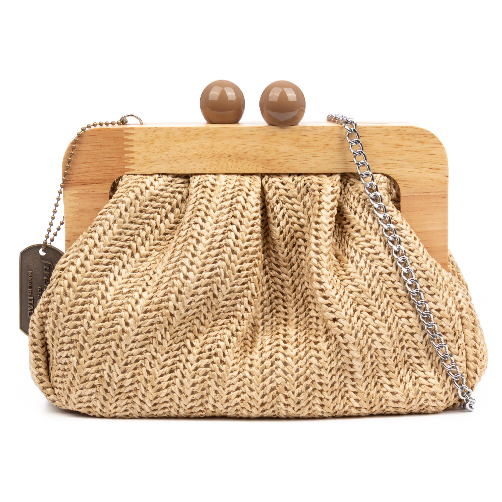 BeneLario Bolso bandolera Mujer. Tela con detalles de madera natural y piel sintética.