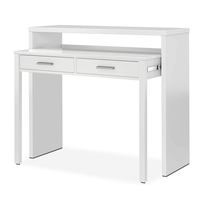 Consolle Billings, Scrivania con piano estensibile, Scrittoio porta PC con 2 cassetti, cm 99x36h88, Bianco