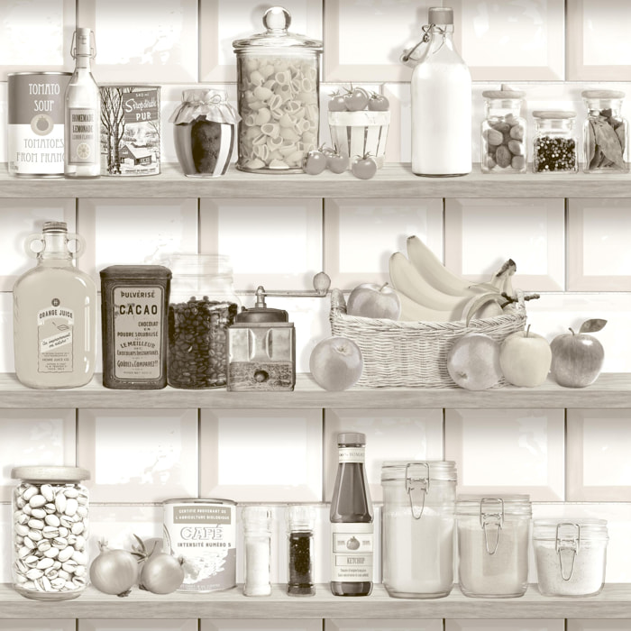 Papier peint étagère cuisine vintage sépia blanc