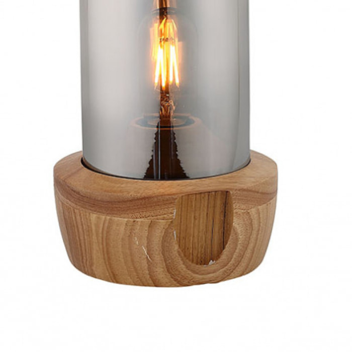 Lampe à poser en verre teinté gris et socle bois - CARLA