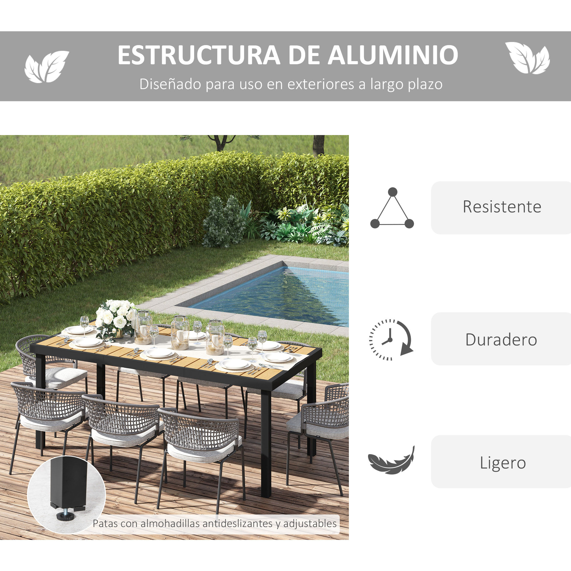 Mesa de Jardín de Aluminio Mesa de Comedor Exterior para 8 Personas 190x90x74 cm