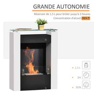 Cheminée bioéthanol design contemporain - étagère, pare-feu verre trempé 6 mm - brûleur 1,5 L - contrôle de flamme et manche inclus - acier noir blanc