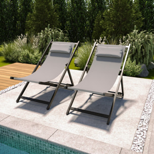 Set di 2 Sedie Sdraio Leggera Da Giardino Schienale Regolabile 5 Posizioni Pieghevole Con Cuscino Struttura Nera In Alluminio Portata 160 Kg Grigio