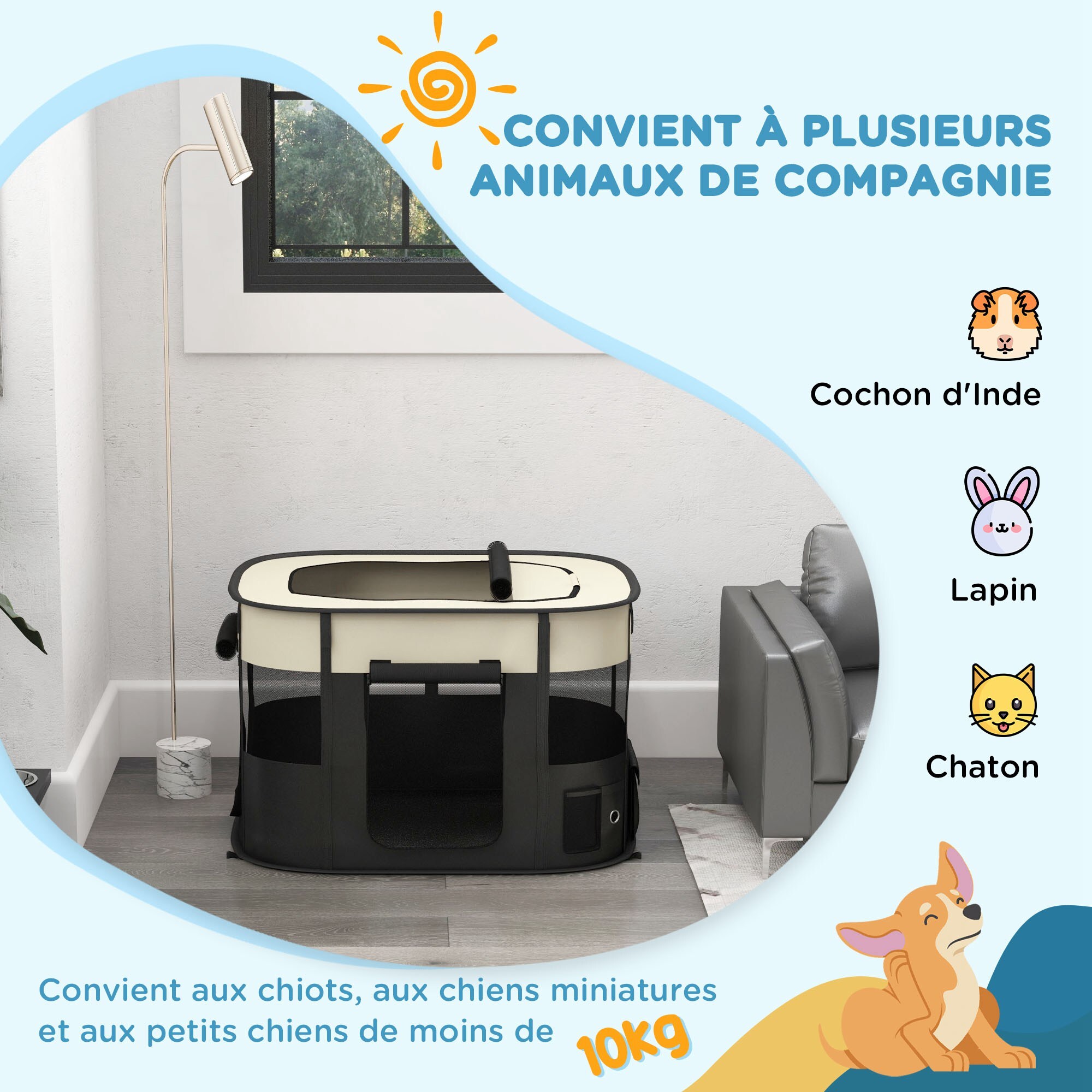 Parc pour chien pliable dim. 94L x 74l x 60H cm tissu Oxford crème noir