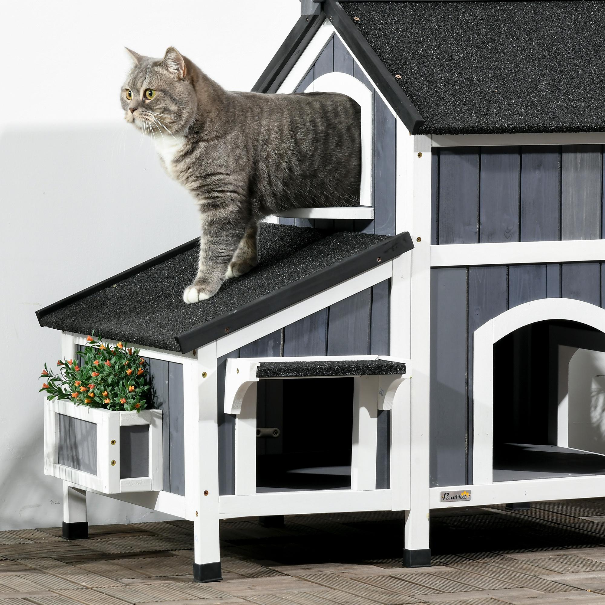 Caseta para Gatos de Madera con Macetero 96x65x85,5 cm Casa para Gatos Refugio para Gatos de 2 Niveles con Techo Asfáltico Ventana y Múltiples Entradas Gris