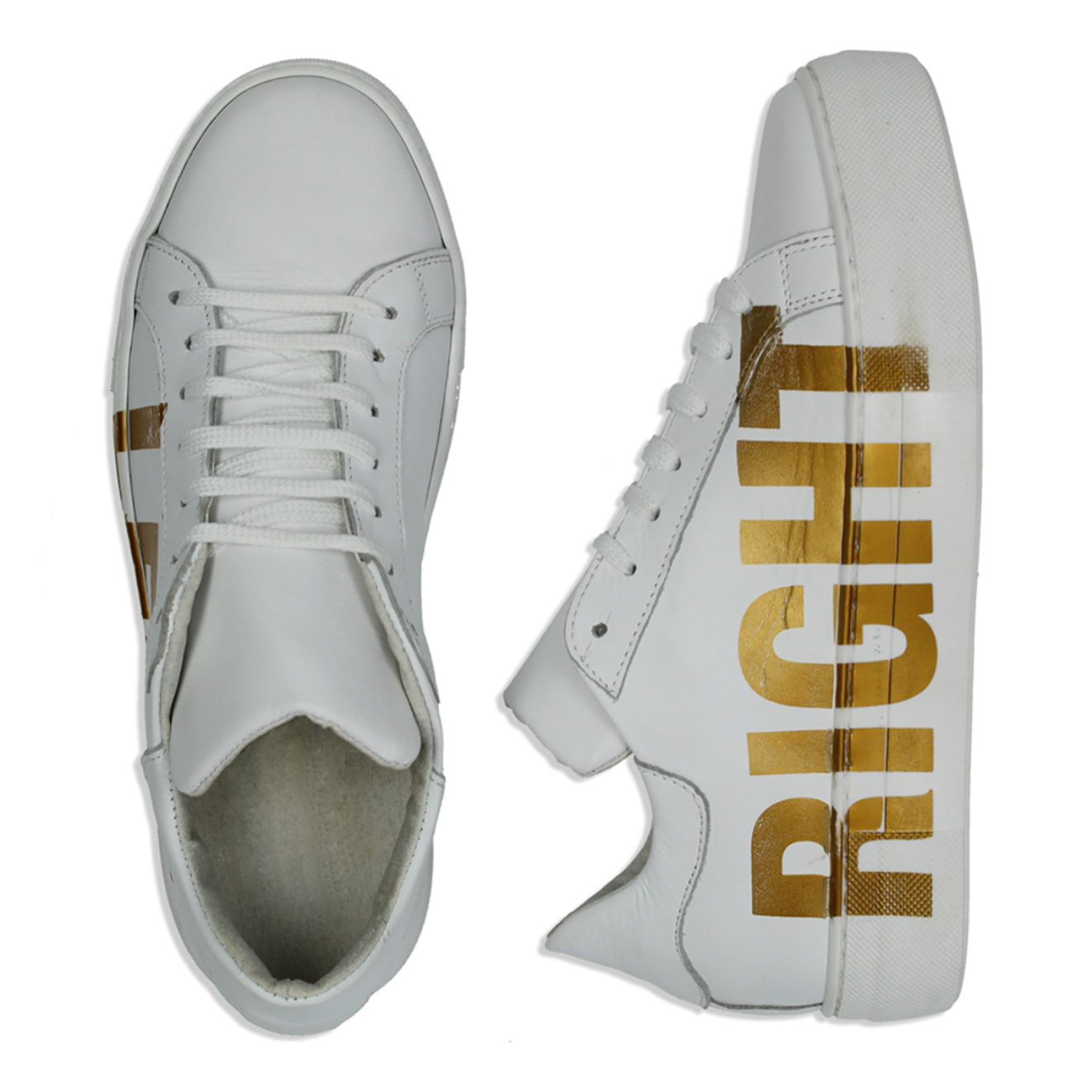 Sneakers bianche in pelle con stampa gialla