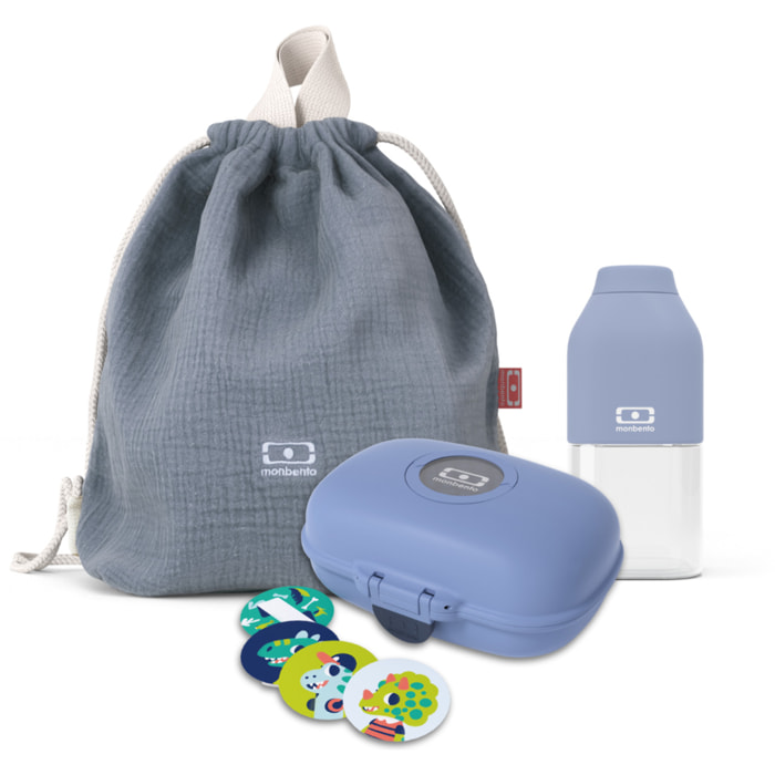 Set enfant bleu : sac + boite à goûter + bouteille bleu bleu