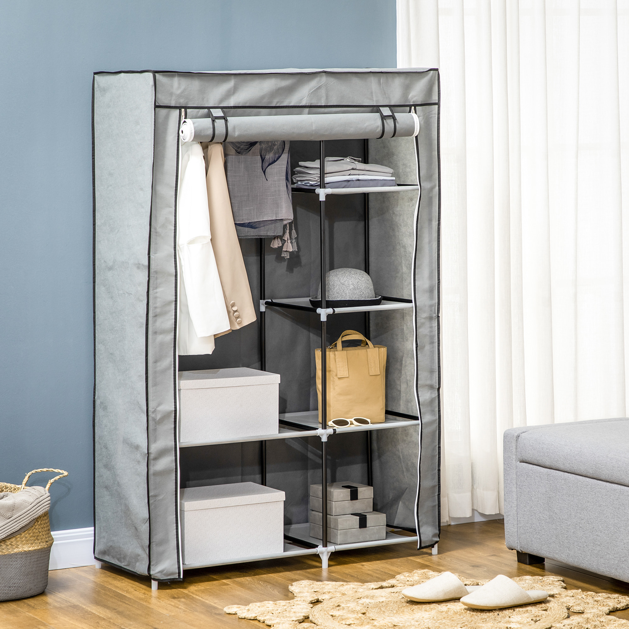 HOMCOM Armario de Tela Plegable Armario de Ropa Organizador Ropero Portátil con 6 Estantes y 1 Barra para Colgar para Dormitorio Vestidor 103x43x162,5 cm Gris