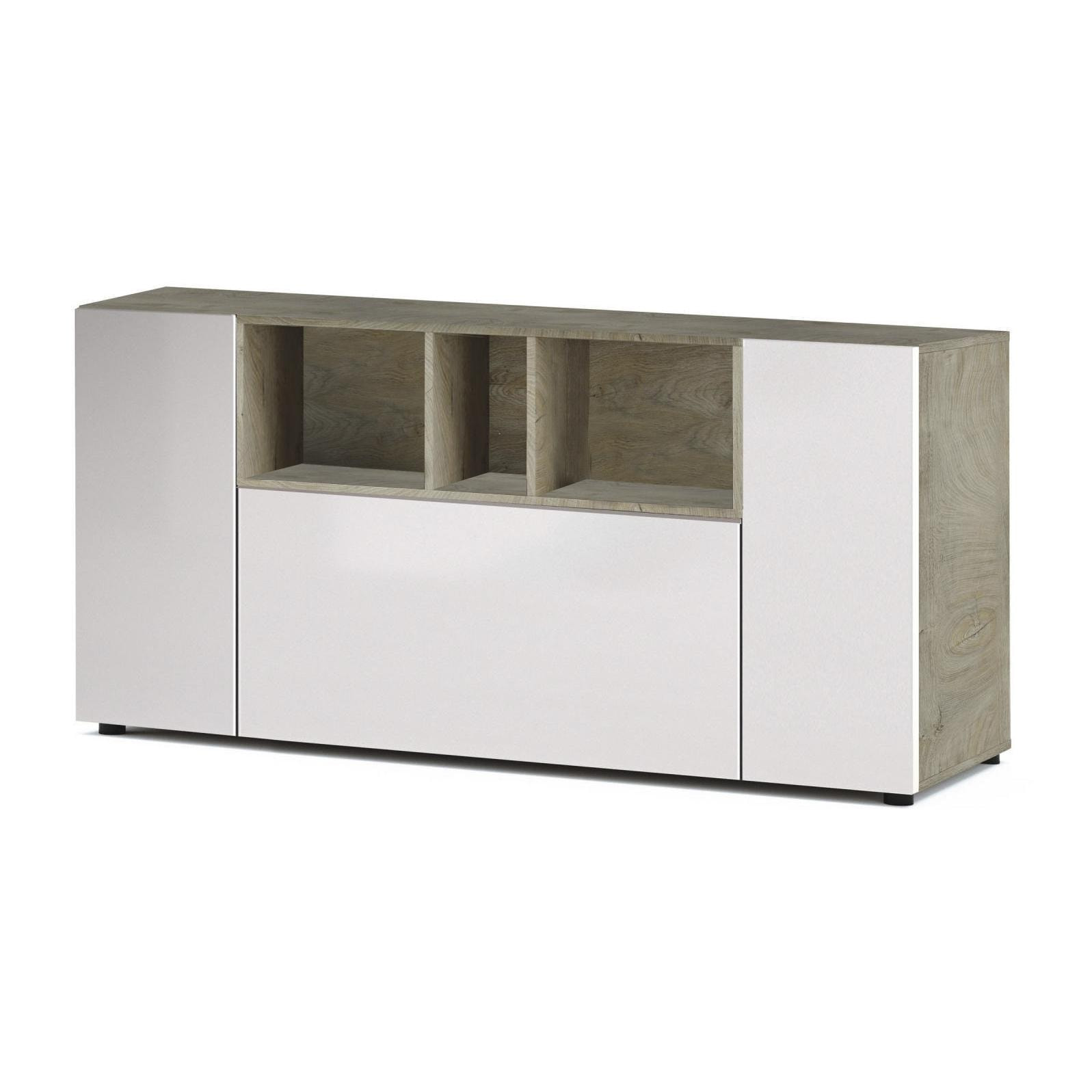 Credenza Paterson, Madia moderna a 3 ante, Buffet da soggiorno con scomparti, Madia da salotto, Mobile Porta TV, cm 150x41h76, Bianco e Rovere