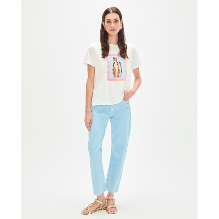 T-shirt con ricamo di animali e paillettes trasparenti