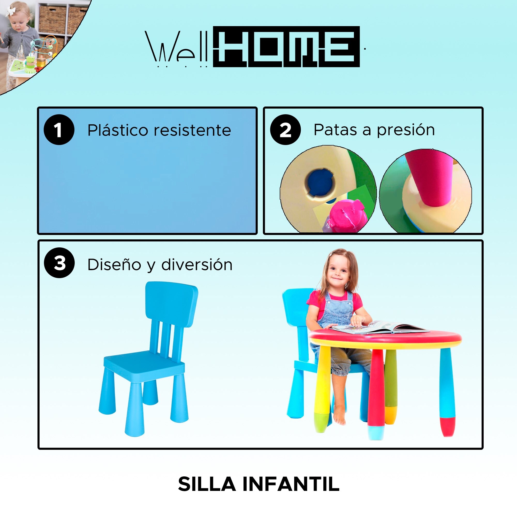 Silla infantil azul en plástico fuerte y resistente, l:38 cm x f:35 cm x h:67 cm