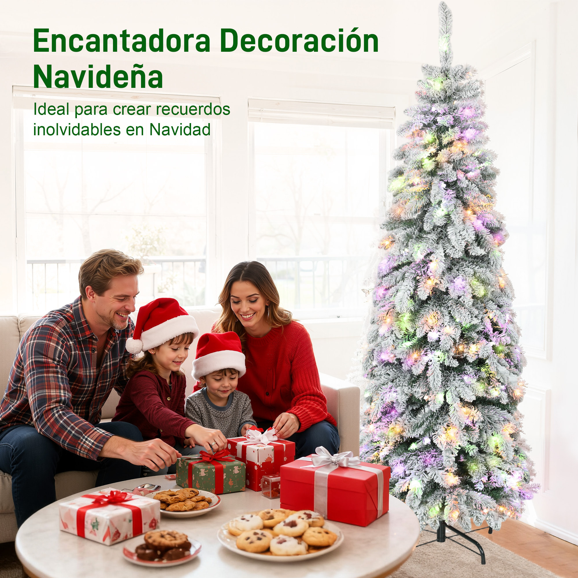 Árbol de Navidad Estrecho 180 cm, Árbol de Navidad Nevado con Luces LED Bicolores, Temporizador, 11 Modos de Iluminación, 540 Ramas, Soporte de Acero, Fácil de Montar, Verde