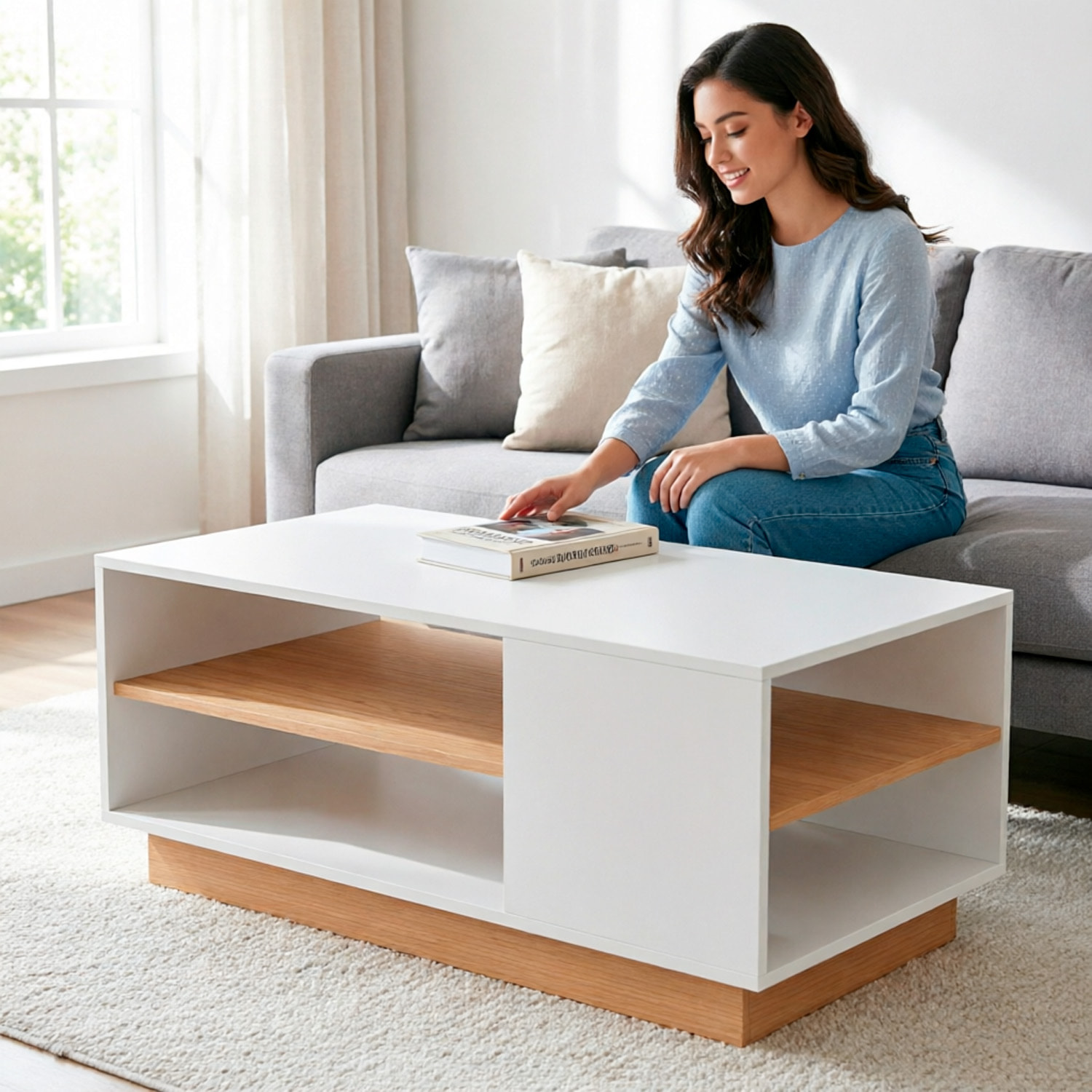 Tavolino Soggiorno Living Moderno Da Caffè Ripiano Porta Riviste Vano Giorno Multiuso Arredo Elegante Funzionale 100 x 45.5 x 60 Cm Bianco E Rovere