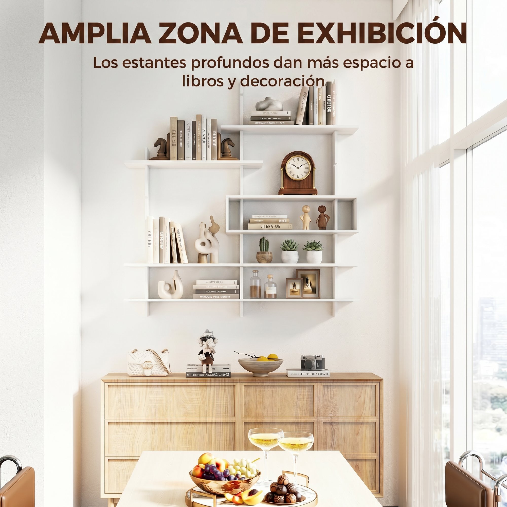 HOMCOM Estantería de Pared, Librería Geométrica con 4 Estantes y Compartimento Central Rectangular, Estantes Decorativos para Salón o Dormitorio, Blanco