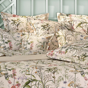 Taie d'oreiller satin de coton imprimé rose beige vert Prairie legere beige
