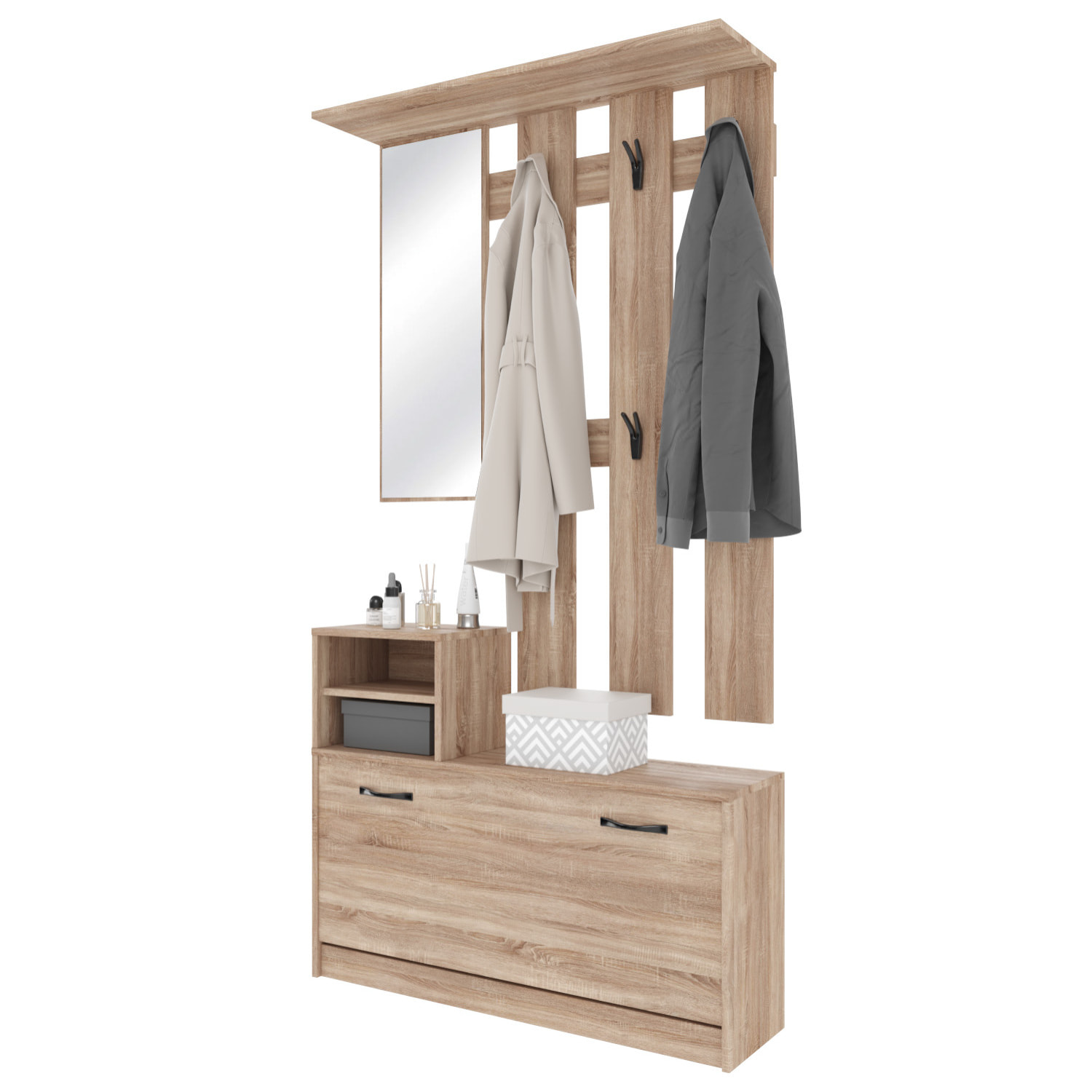 Set Di Mobili Da Ingresso Mobile Corridoio Specchio Scarpiera 6 Ganci Appendiabiti Guardaroba Arredo Arredamento Corridoio 160 x 85 x 24 Cm Rovere
