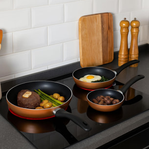 set de batería de cocina de 8pc en acero inoxidable + 3 sartenes ø16ø20ø24cm bronce metalizado en aluminio prensado