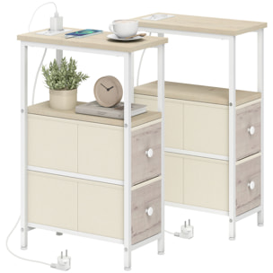 Juego de 2 Mesas Auxiliares con Enchufe, Mesitas Auxiliares Estrechas con Toma AC, Puerto USB, Puerto USB-C, 2 Cajones de Tela, Estante Abierto, para Salón, Dormitorio, Natural