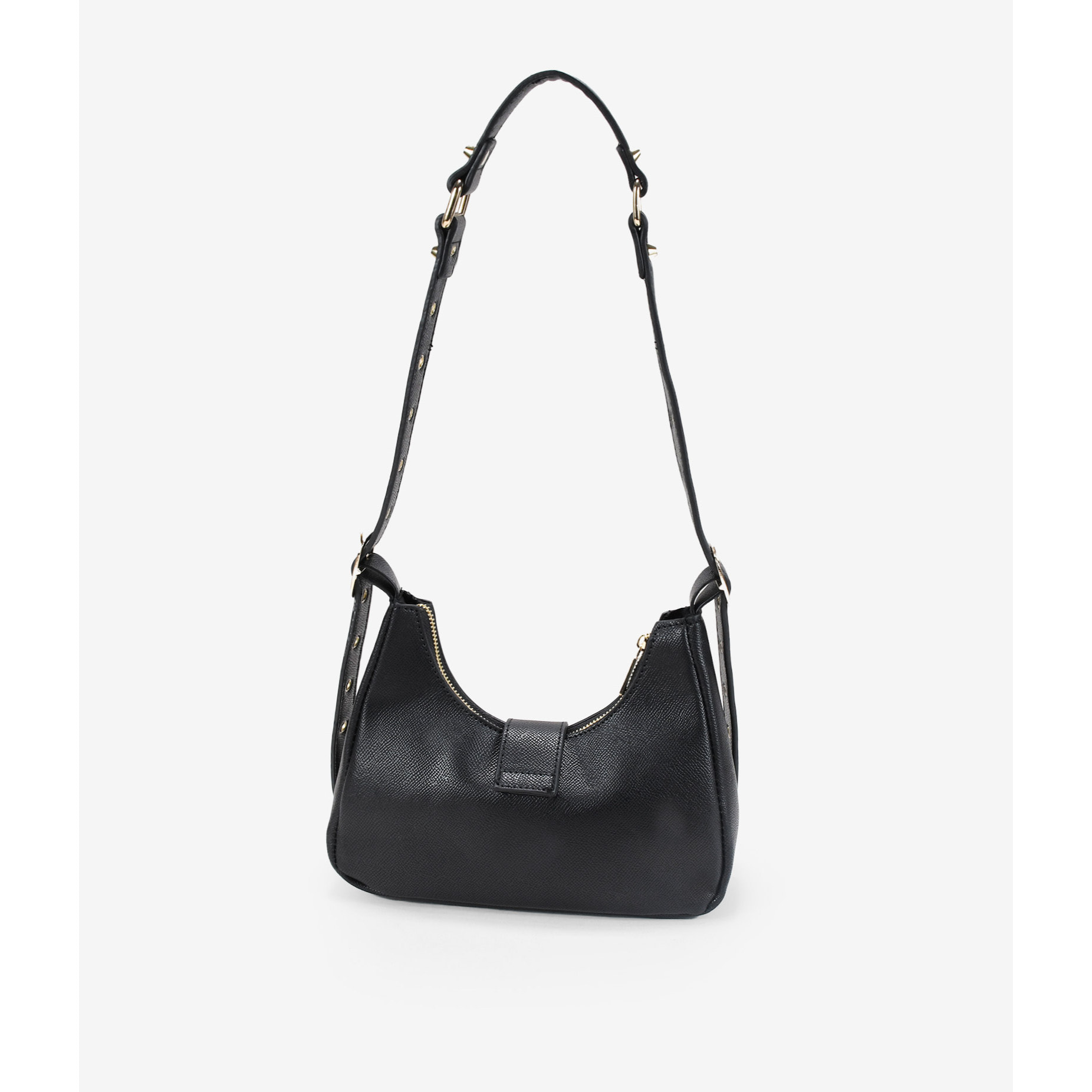 Bolso de hombro negro con solapa y hebillas