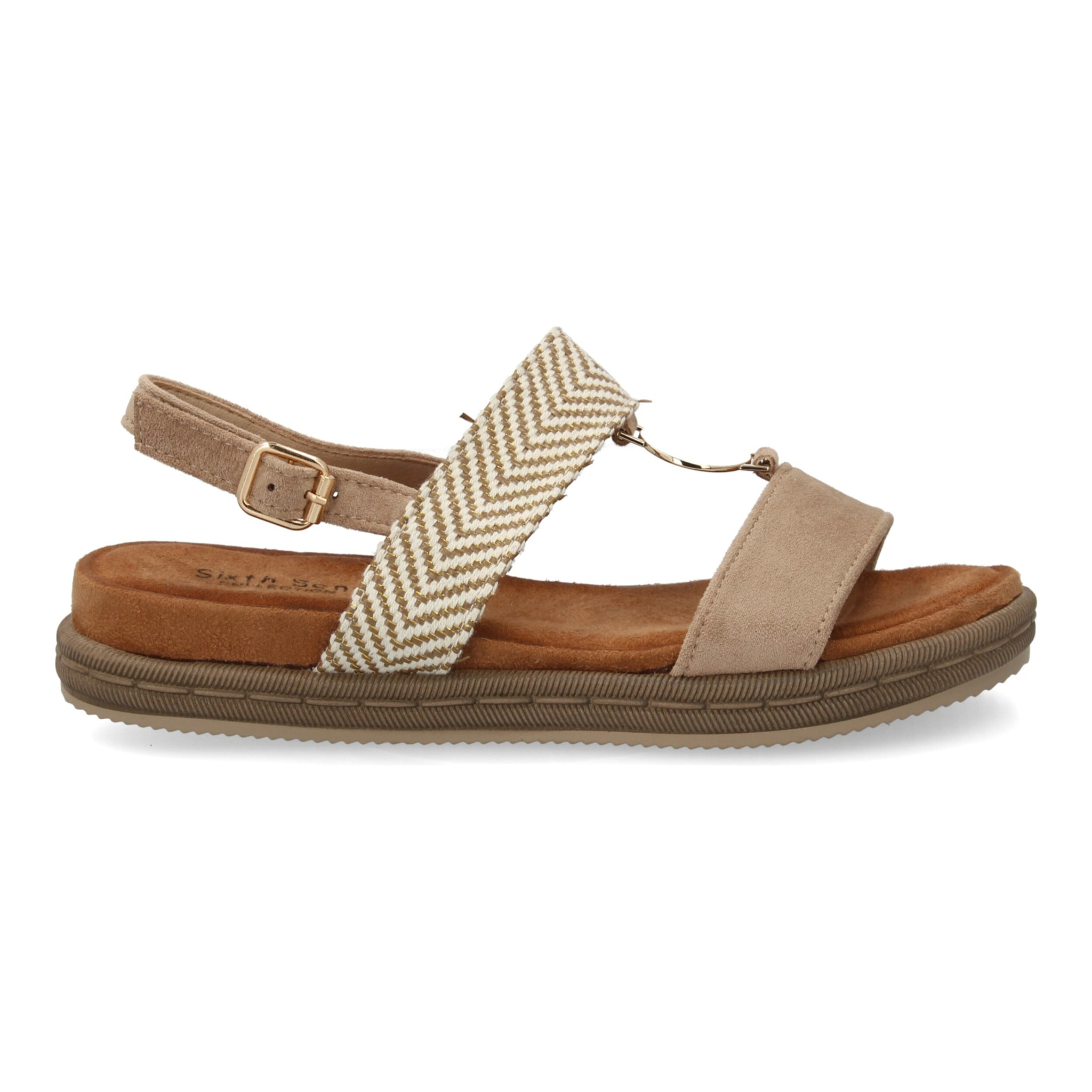 Sandalia mujer cómoda doble tira y adorno metálico