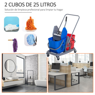 HOMCOM Carro de Limpieza Profesional Carro de Fregado de Metal con 2 Cubos de 25 Litros Extraíbles Escurridor Prensa Manual y 4 Ruedas 73x45x92 cm Rojo y Azul