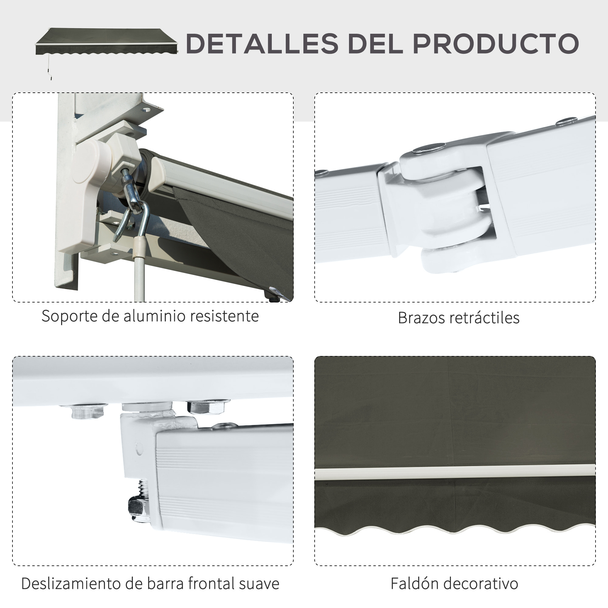 Toldo Manual Retráctil 350x250 cm Toldo para Balcón con Manivela de Metal Impermeable y Anti-UV Toldo Enrollable de Exterior para Jardín Terraza Ventanas Gris