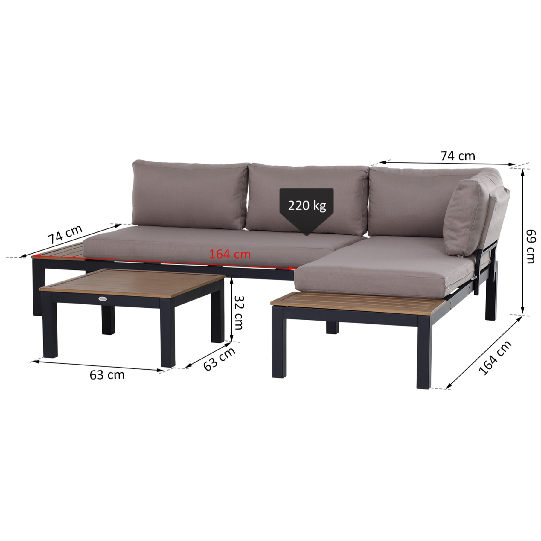 Ensemble salon de jardin d'angle design contemporain 5 places coussins marron table basse alu. noir et imitation bois