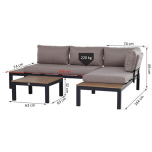 Ensemble salon de jardin d'angle design contemporain 5 places coussins marron table basse alu. noir et imitation bois